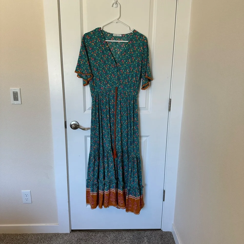 Cotton Boho Floral Maxi Dress | Tassel Tie Waist | Size Medium - Picture 9 of 12